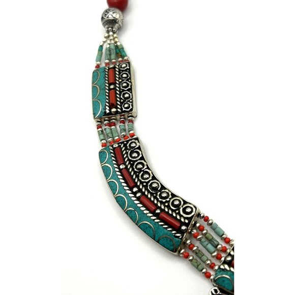 Tibetan Nepal Handmade Natural Turquoise, Coral, Lapis, Necklace & Earring Set - Picture 4 of 10